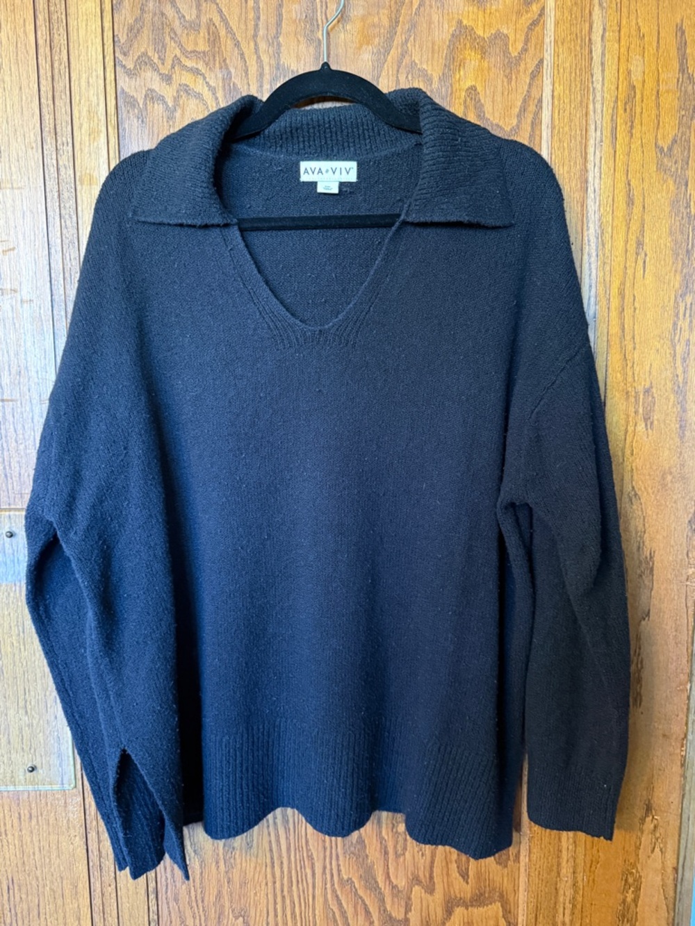 Ava & Viv Black V-Neck Collared Knit Sweater